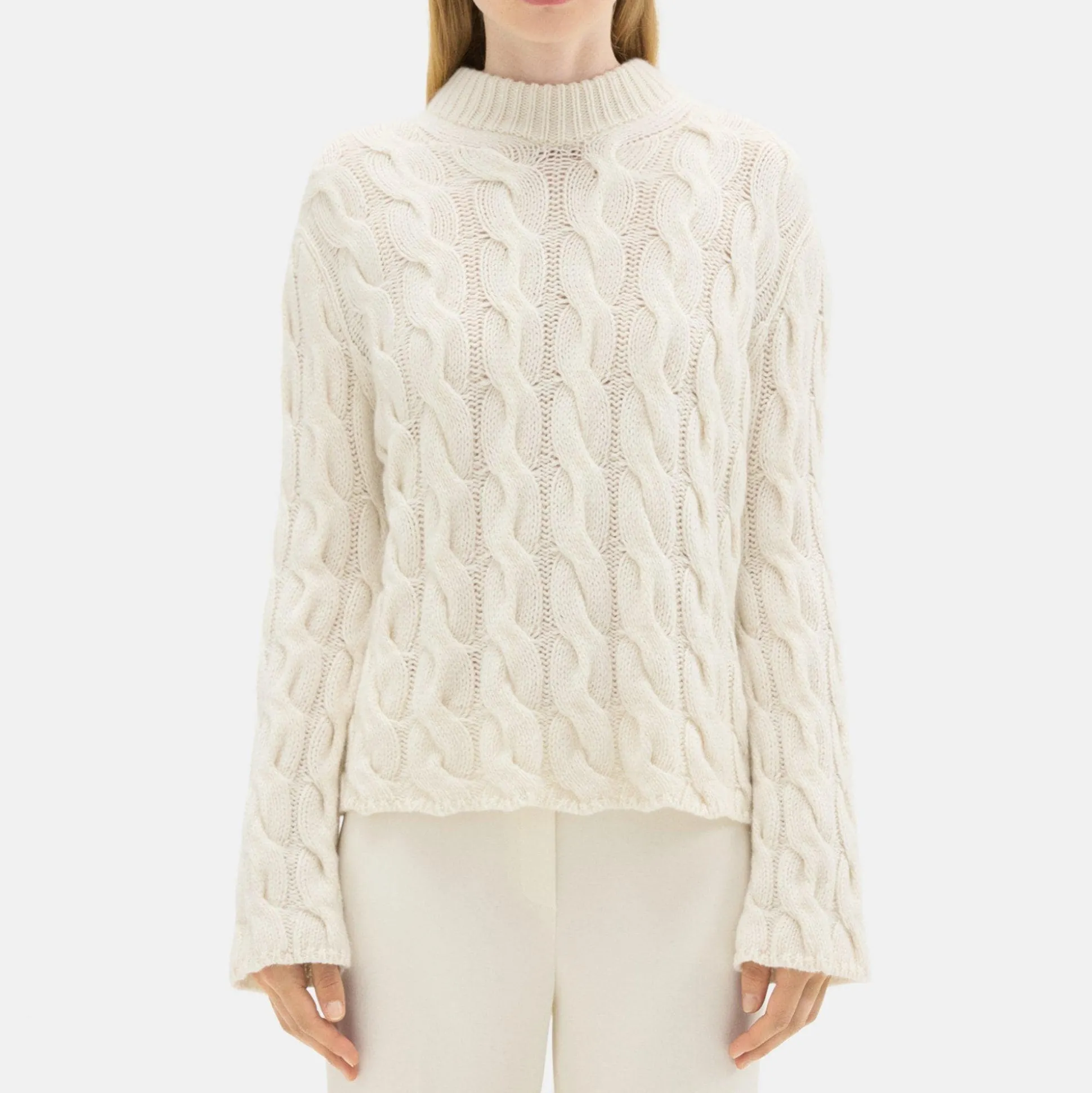 Theory Cable Knit Mock Neck Sweater In Felted Wool-Cashmere-Women Sweaters + Cardigans
