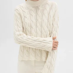 Theory Cable Knit Mock Neck Sweater In Felted Wool-Cashmere-Women Sweaters + Cardigans