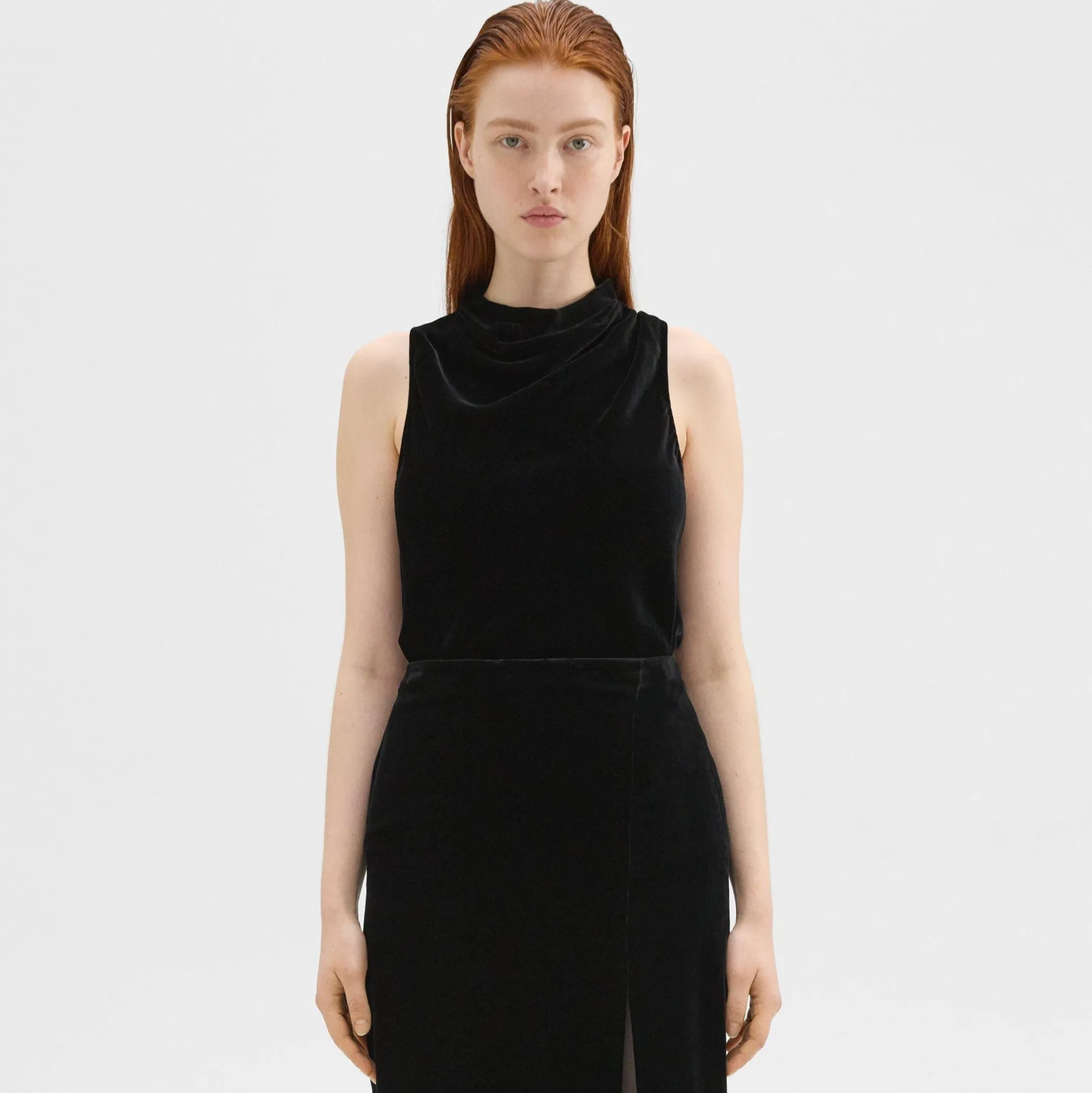 Theory Cowl Neck Top In Stretch Velvet-Women Tops