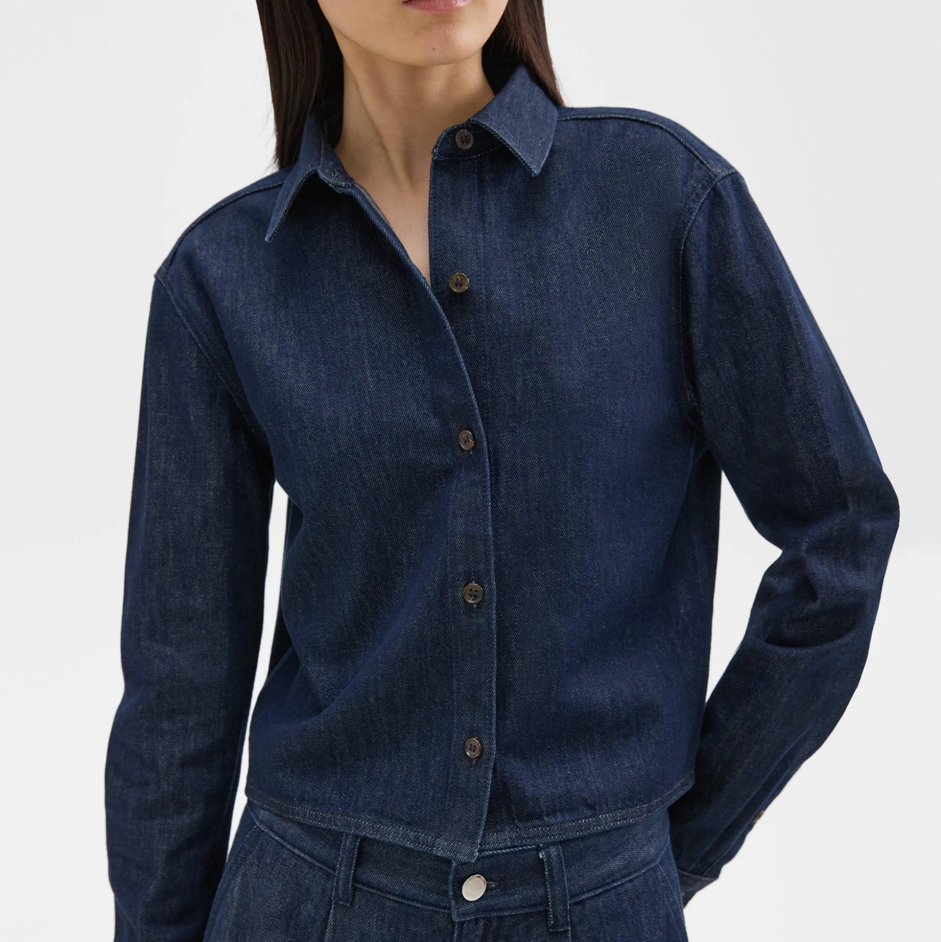 Theory Cropped Shirt In Denim-Women Tops