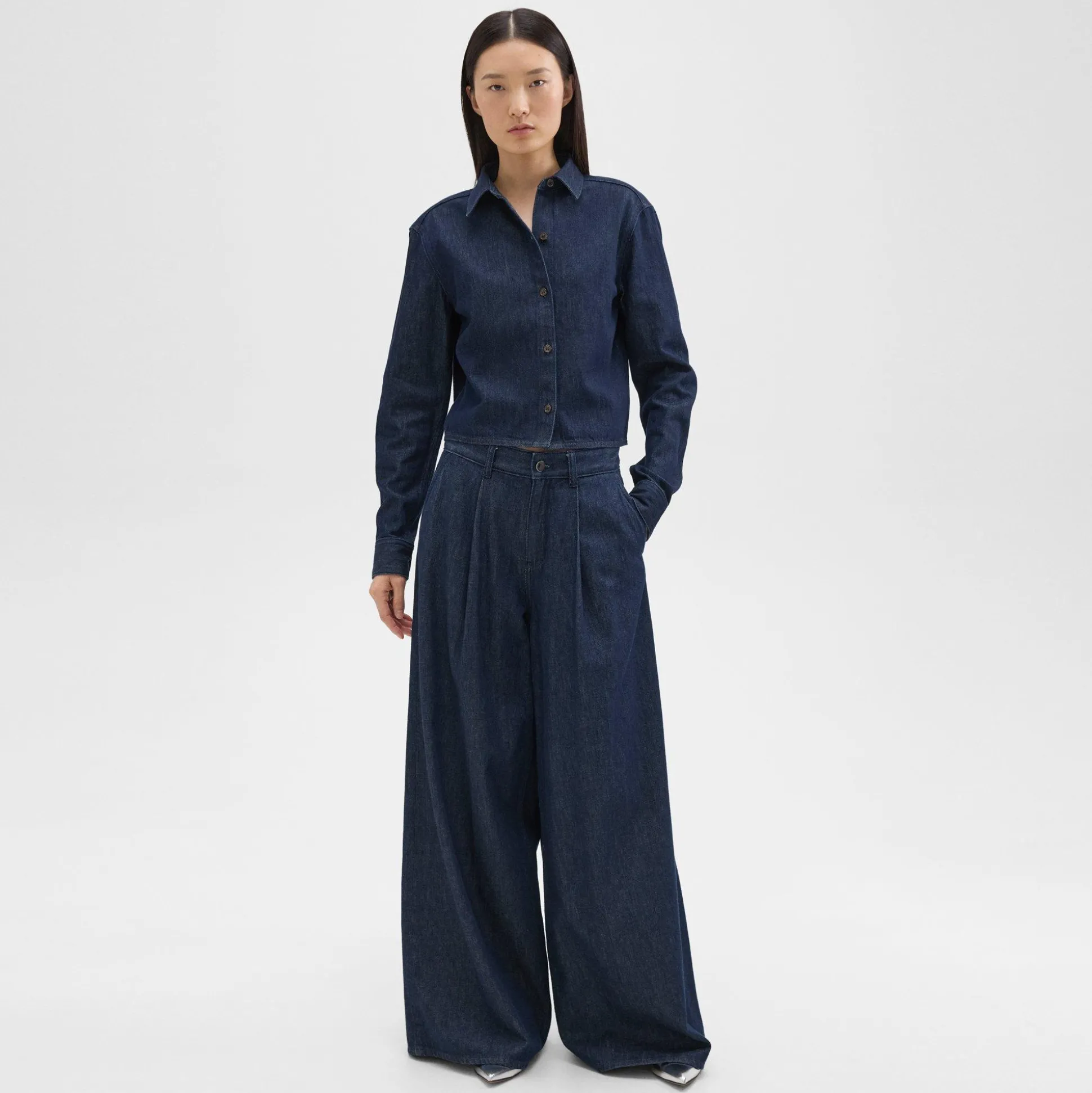 Theory Cropped Shirt In Denim-Women Tops