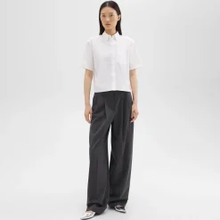 Theory Cropped Short-Sleeve Shirt In Good Cotton-Women Tops