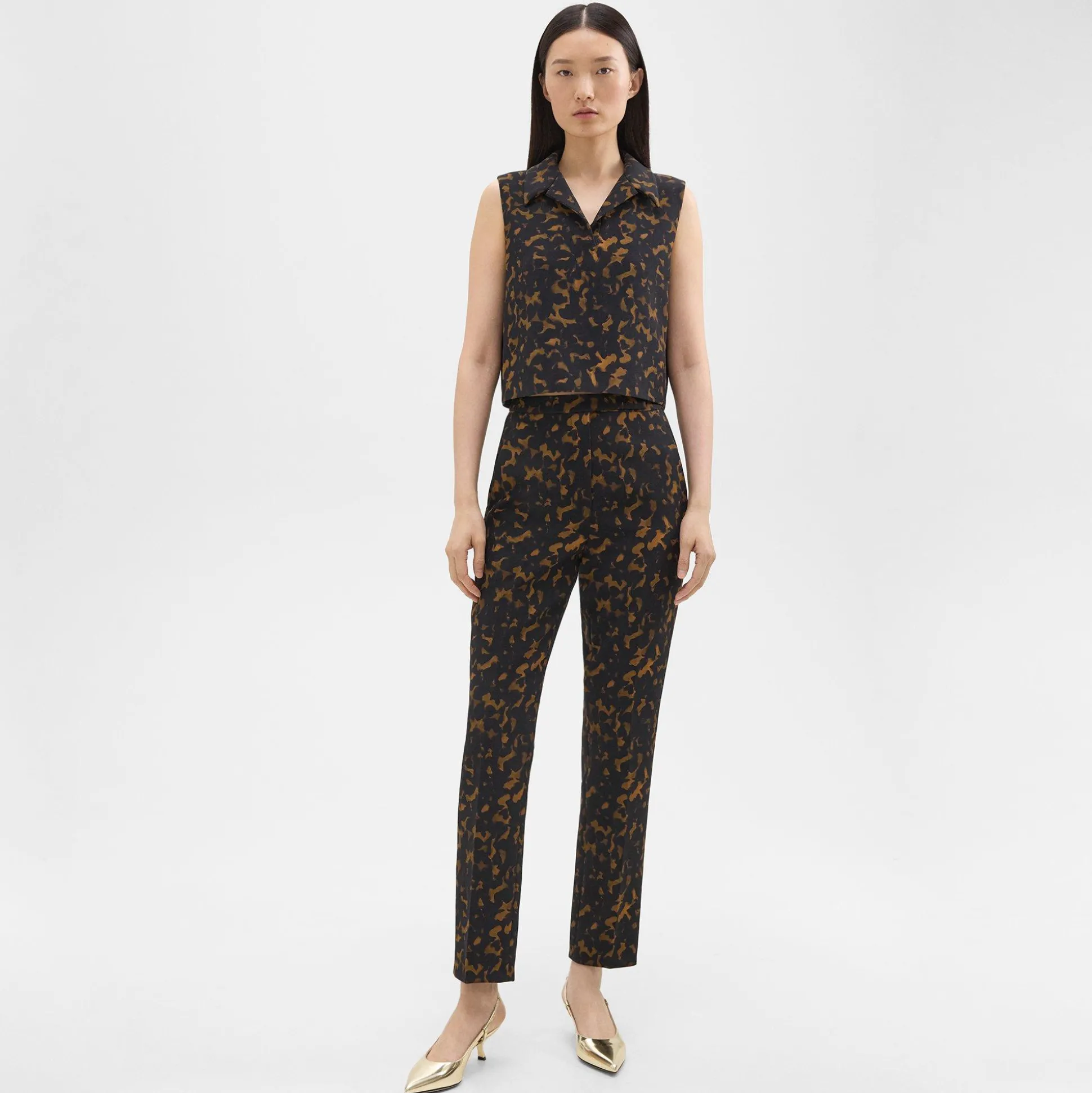 Theory Cropped Sleeveless Polo In Tortoiseshell Printed Crepe-Women Tops