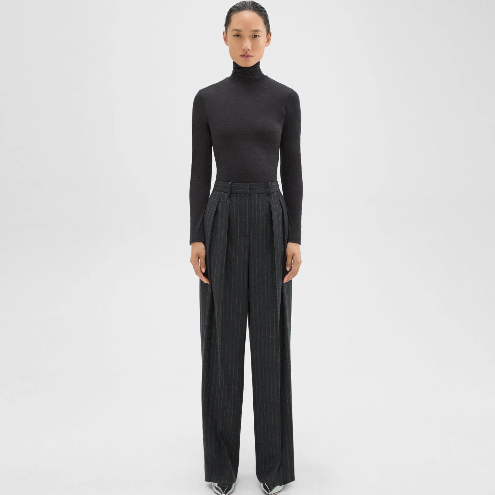 Theory Double Pleat Pant In Pinstripe Wool Flannel-Women Suits|Pants