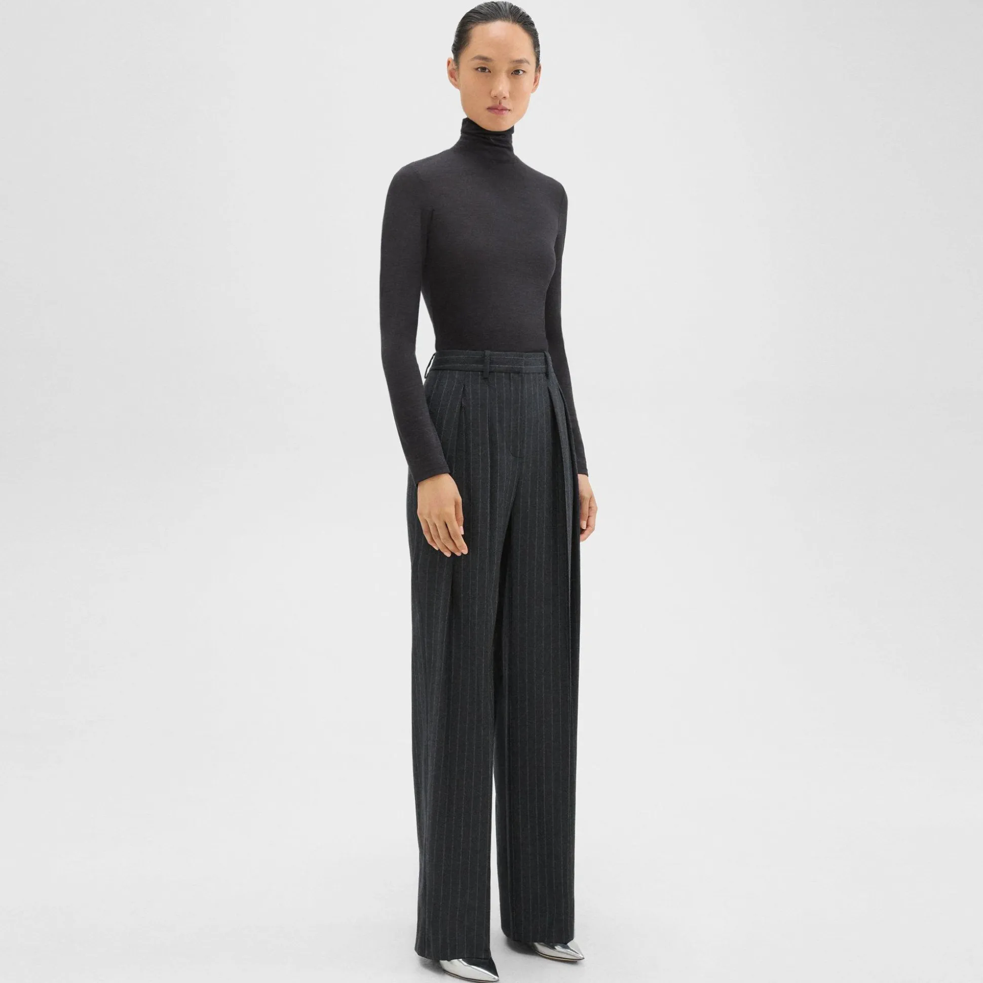 Theory Double Pleat Pant In Pinstripe Wool Flannel-Women Suits|Pants
