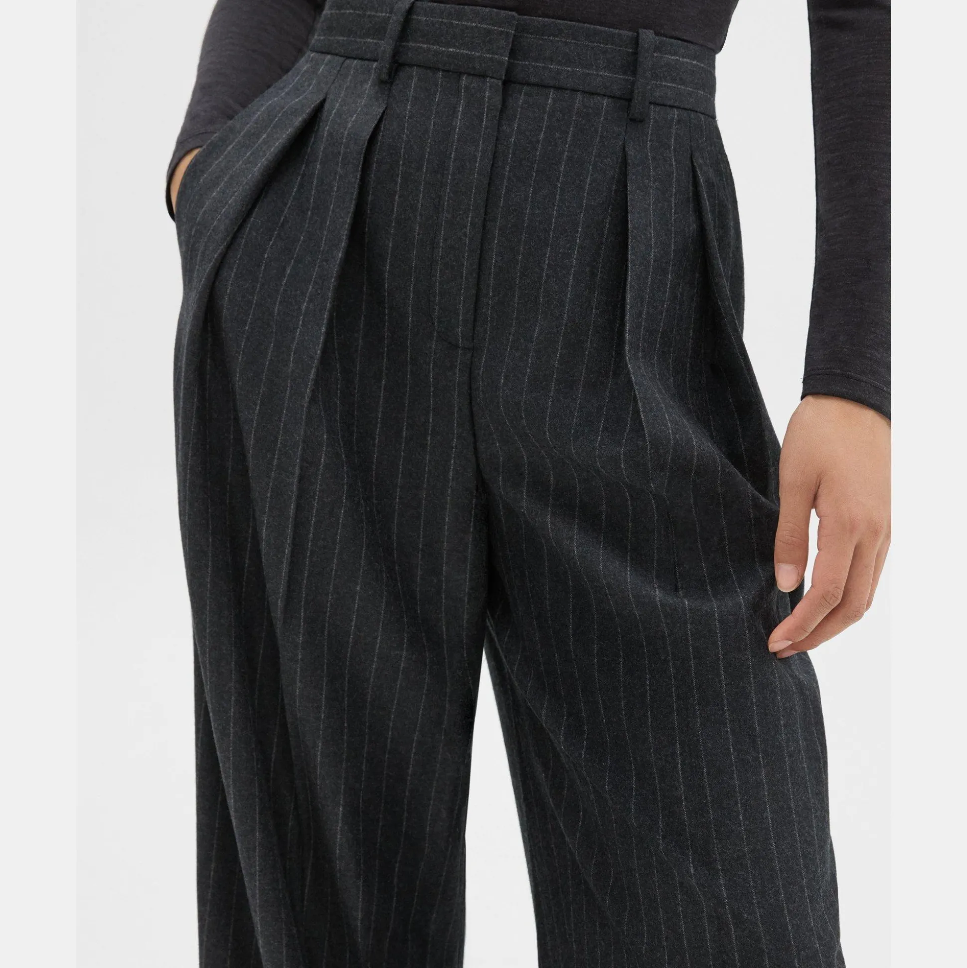 Theory Double Pleat Pant In Pinstripe Wool Flannel-Women Suits|Pants