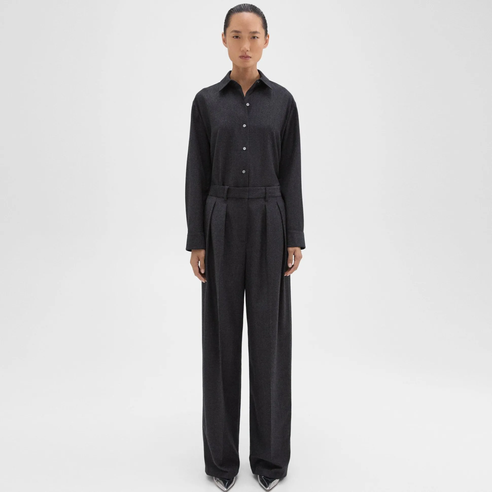 Theory Double Pleat Pant In Sleek Flannel-Women Suits|Pants