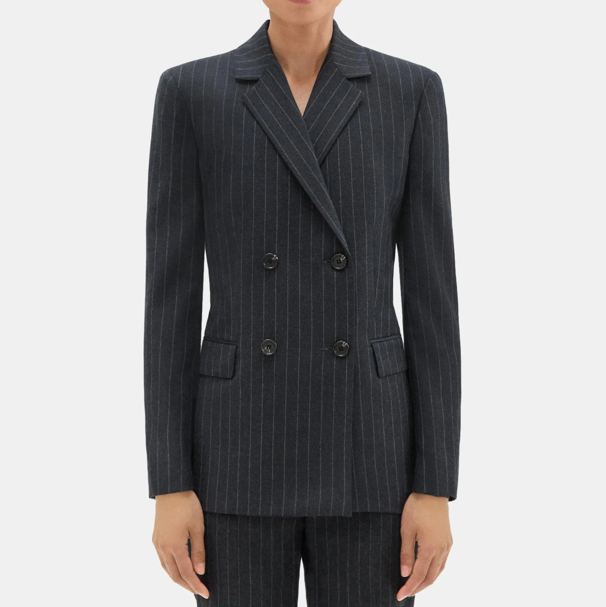 Theory Double-Breasted Slim Blazer In Pinstripe Wool Flannel-Women Suits|Blazers + Jackets
