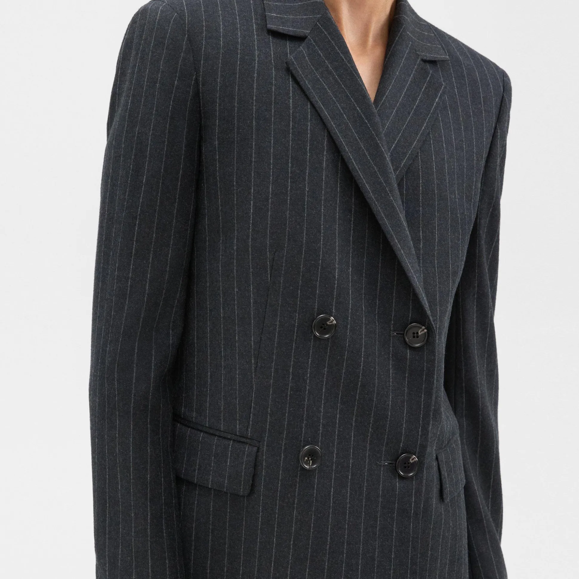 Theory Double-Breasted Slim Blazer In Pinstripe Wool Flannel-Women Suits|Blazers + Jackets
