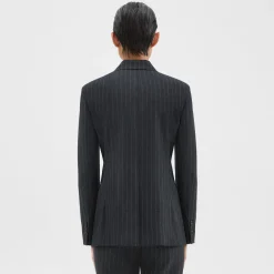 Theory Double-Breasted Slim Blazer In Pinstripe Wool Flannel-Women Suits|Blazers + Jackets