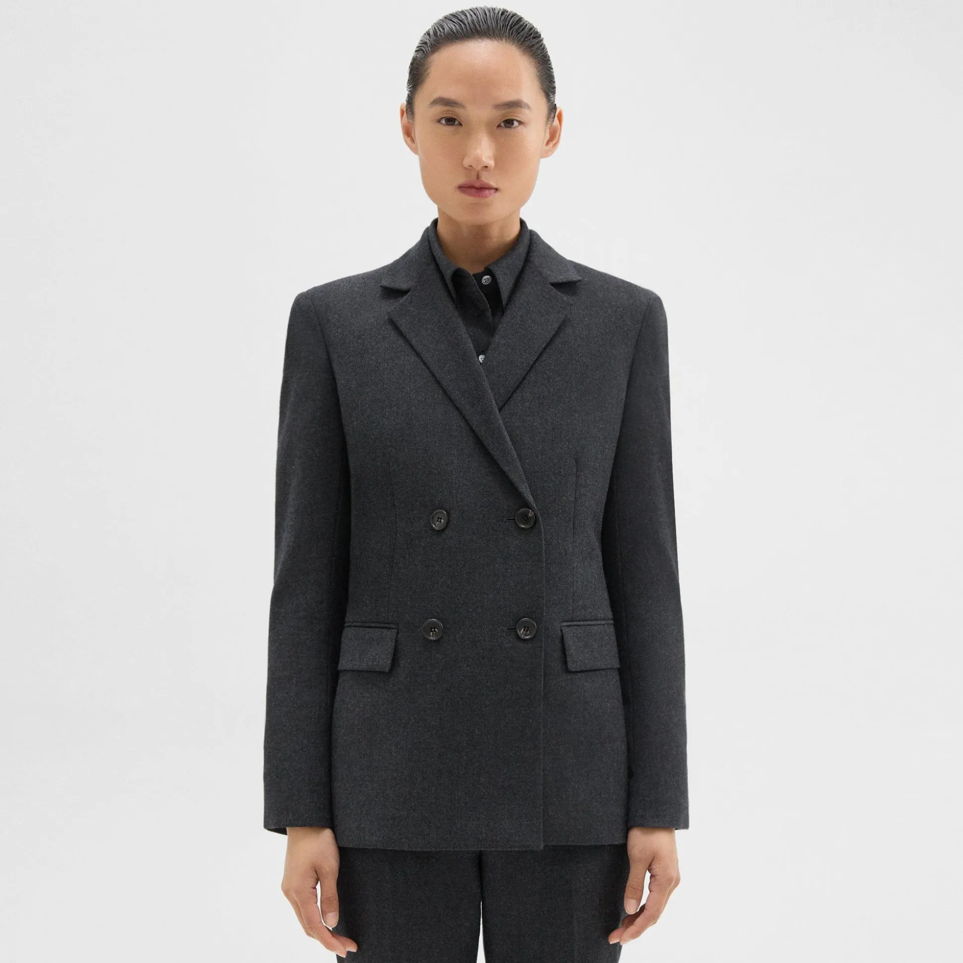 Theory Double-Breasted Slim Blazer In Sleek Flannel-Women Suits|Blazers + Jackets
