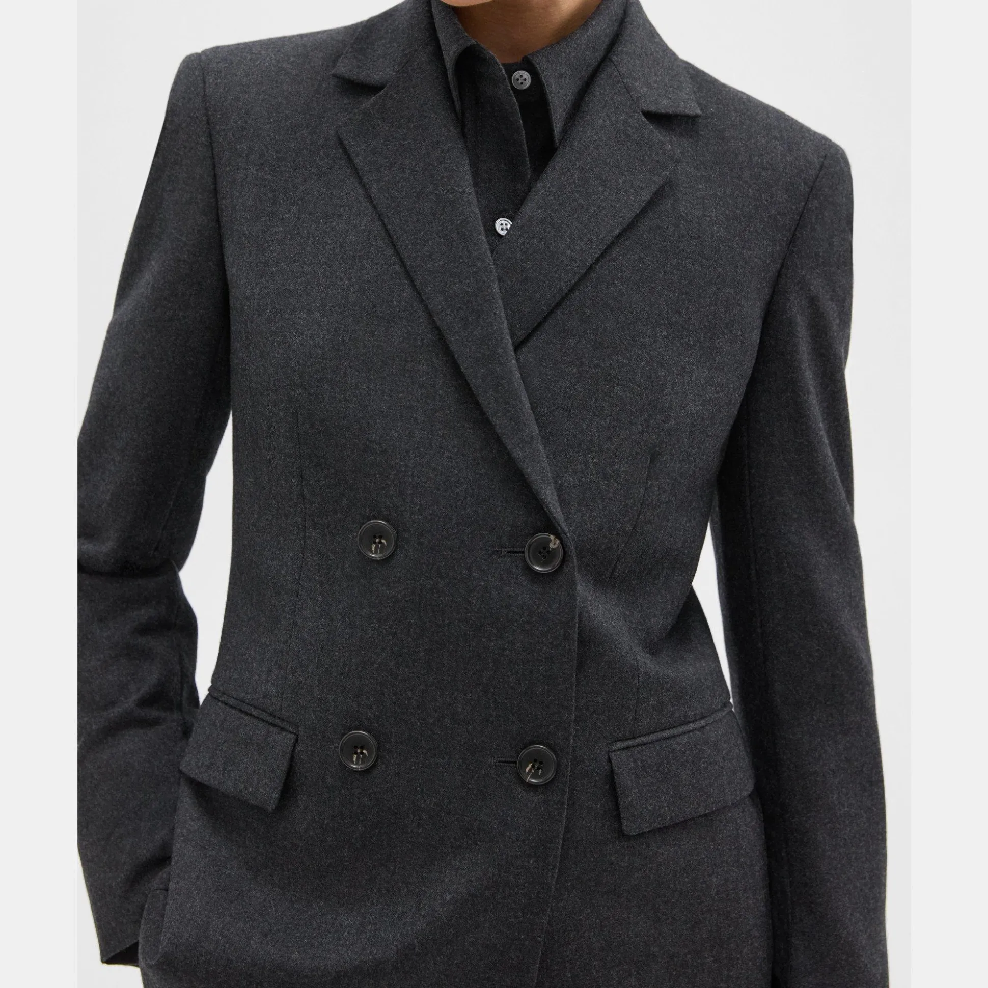 Theory Double-Breasted Slim Blazer In Sleek Flannel-Women Suits|Blazers + Jackets