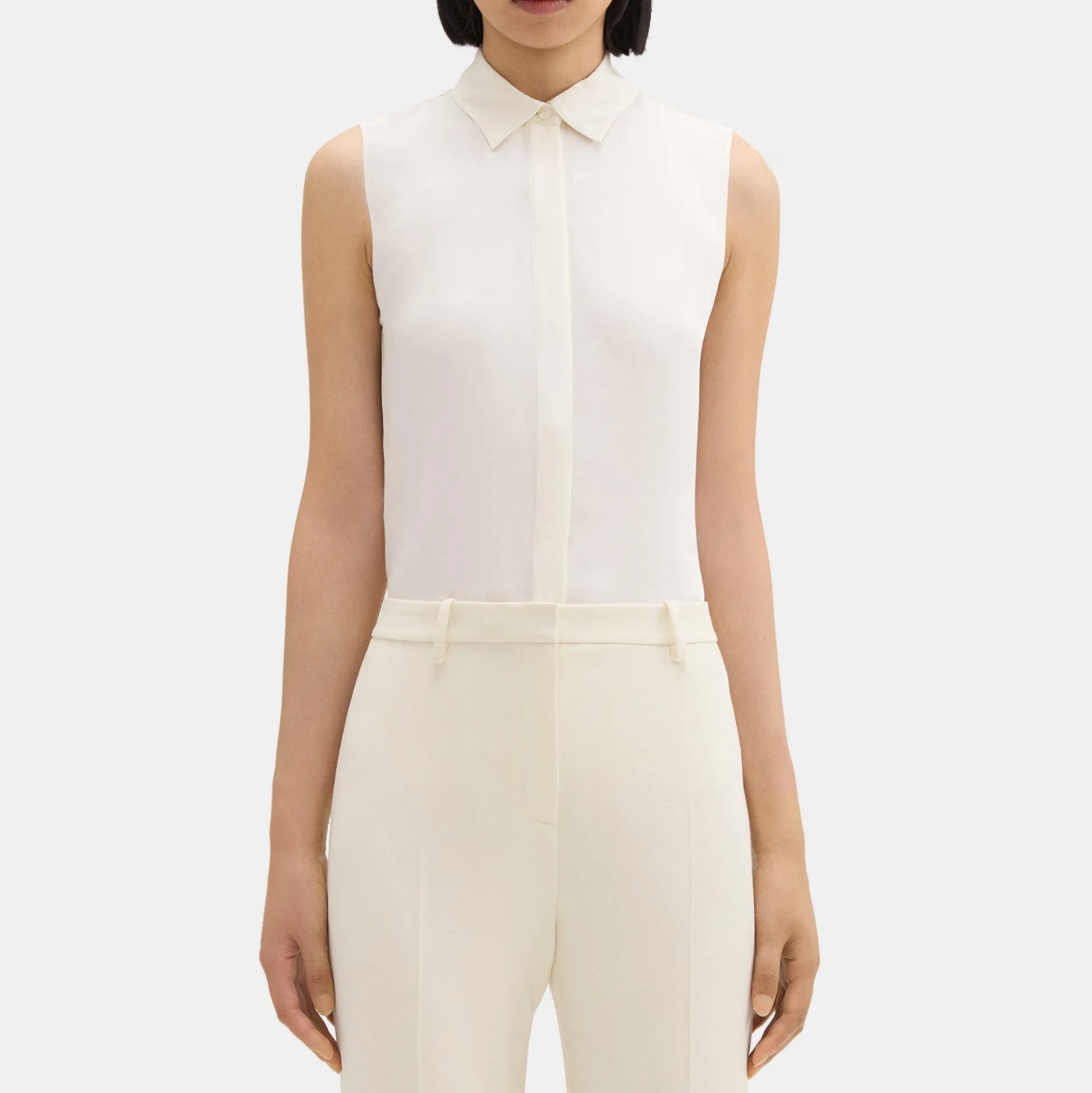 Theory Fitted Sleeveless Shirt In Silk Georgette-Women Tops