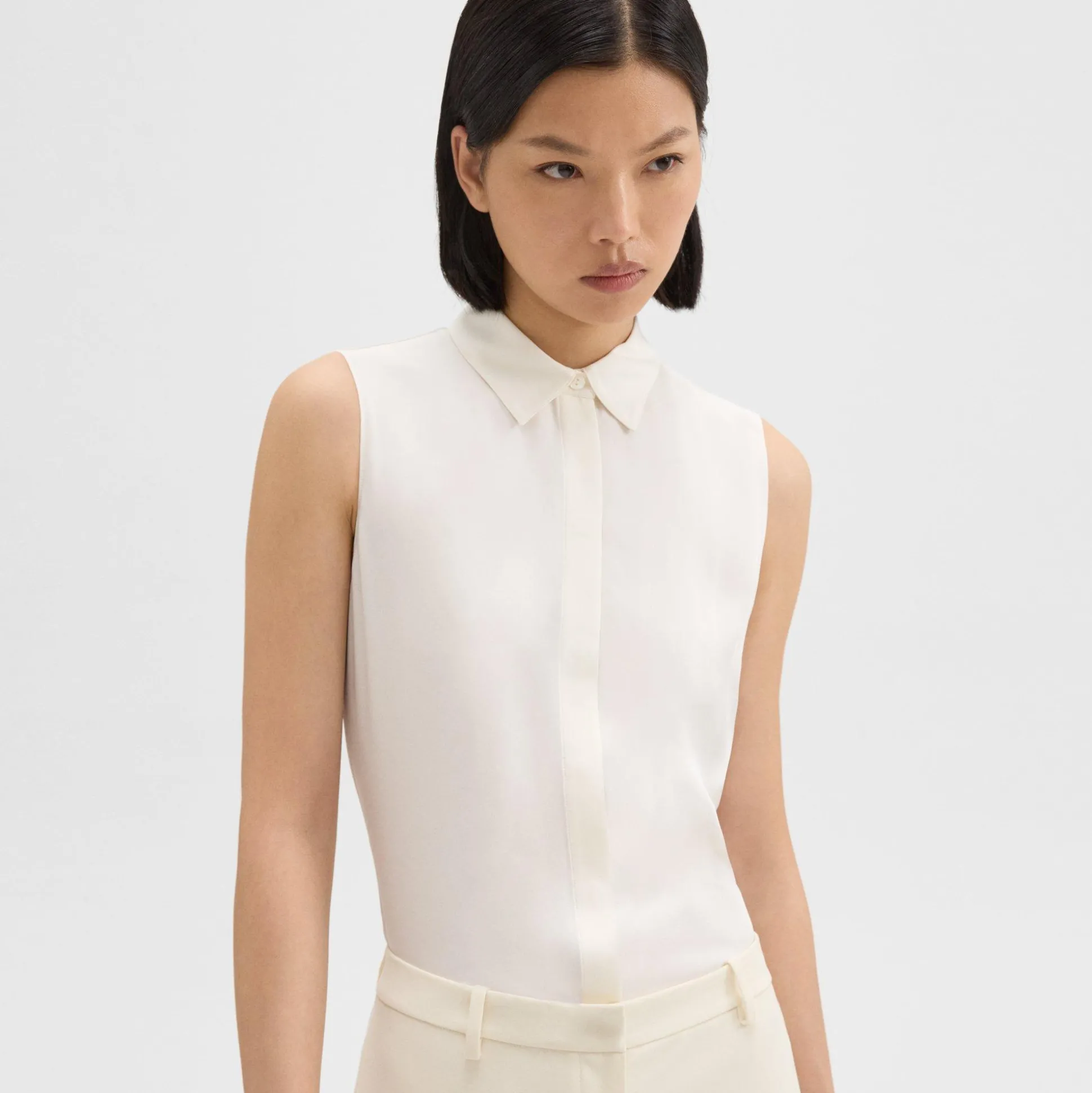 Theory Fitted Sleeveless Shirt In Silk Georgette-Women Tops