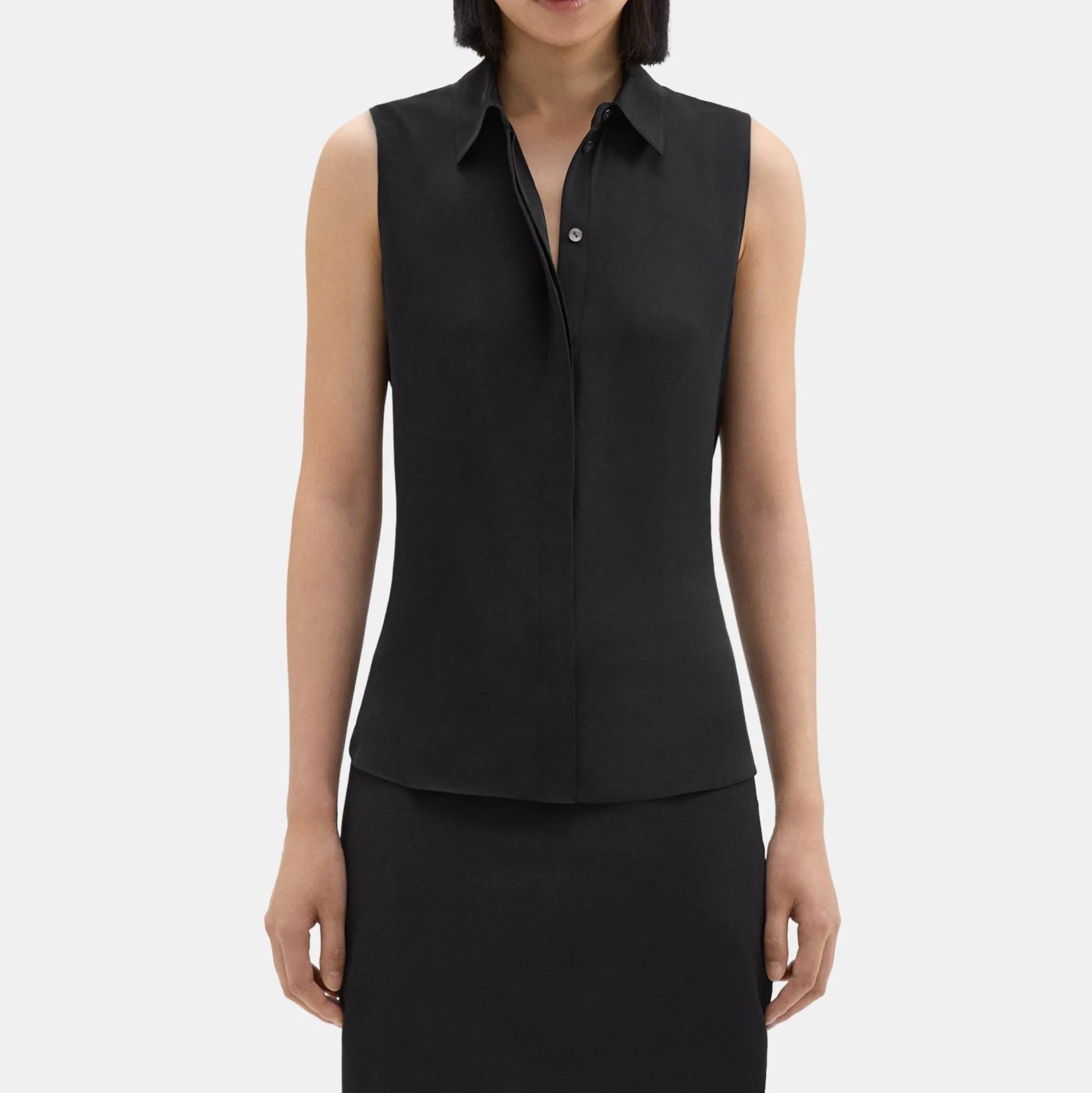 Theory Fitted Sleeveless Shirt In Silk Georgette-Women Tops