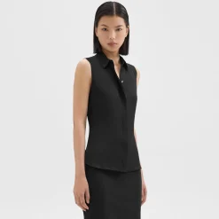 Theory Fitted Sleeveless Shirt In Silk Georgette-Women Tops