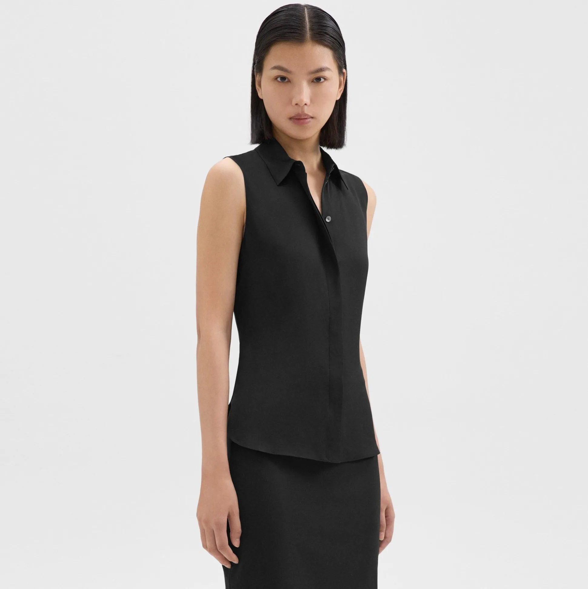 Theory Fitted Sleeveless Shirt In Silk Georgette-Women Tops