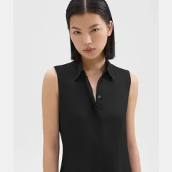 Theory Fitted Sleeveless Shirt In Silk Georgette-Women Tops