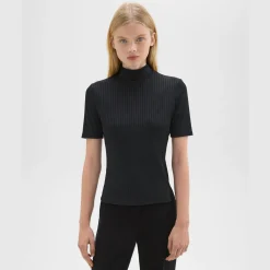Theory Mock Neck Short-Sleeve Top In Rib Knit-Women T-Shirts