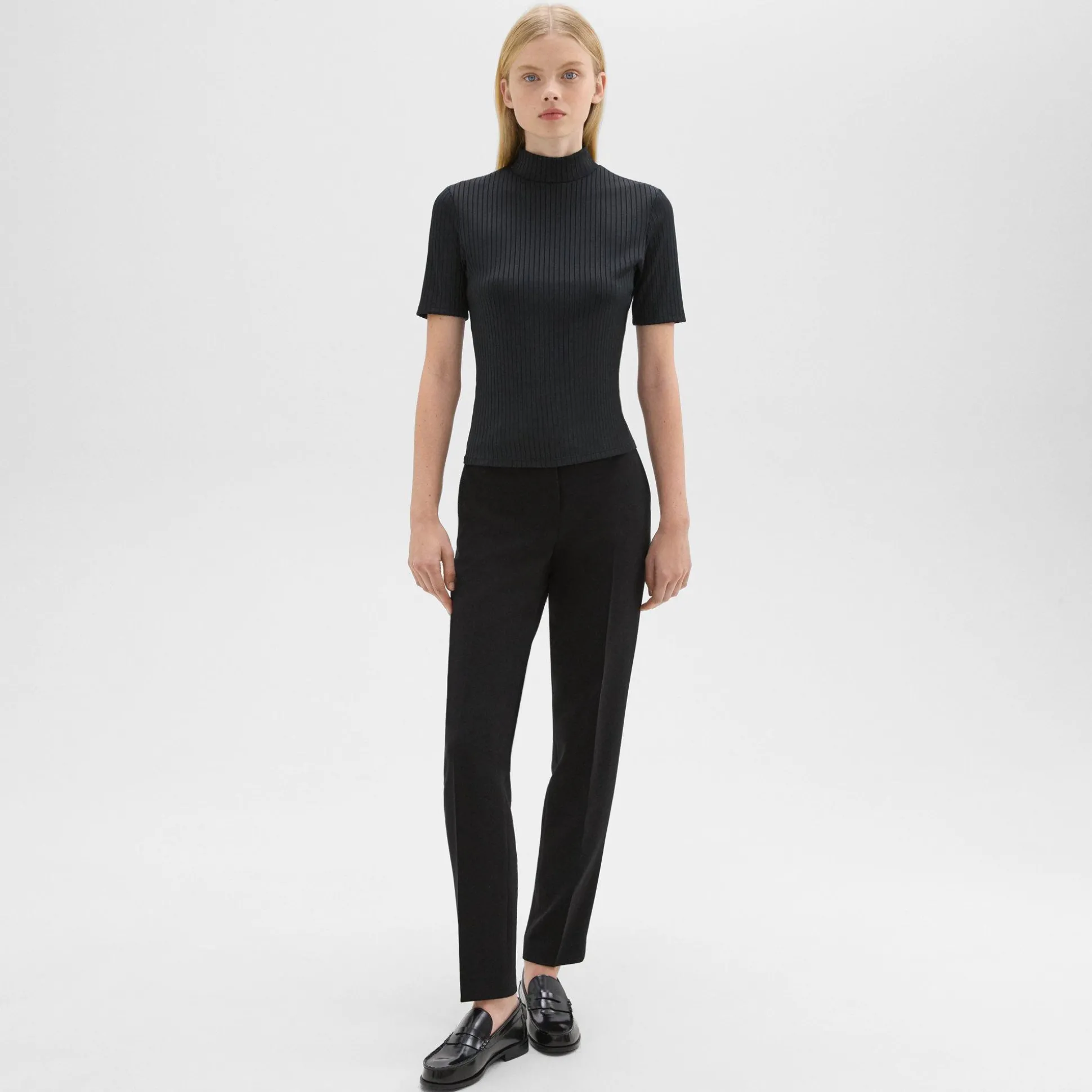 Theory Mock Neck Short-Sleeve Top In Rib Knit-Women T-Shirts