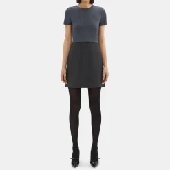 Theory Short-Sleeve Combo Dress In Double Weave-Women Dresses