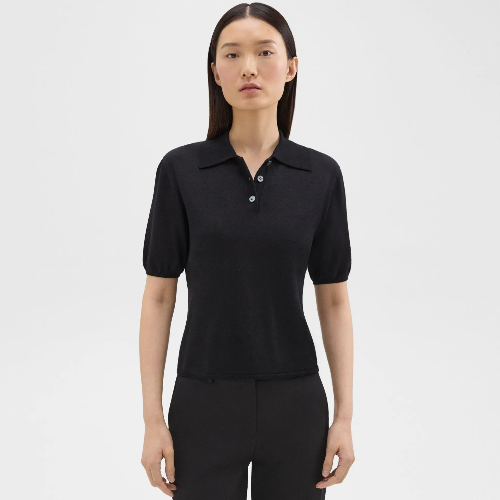 Theory Short-Sleeve Polo Sweater In Regal Wool-Women Sweaters + Cardigans