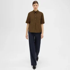 Theory Short-Sleeve Virgin Wool Popover Shirt-Women Tops