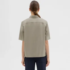 Theory Short-Sleeve Virgin Wool Popover Shirt-Women Tops