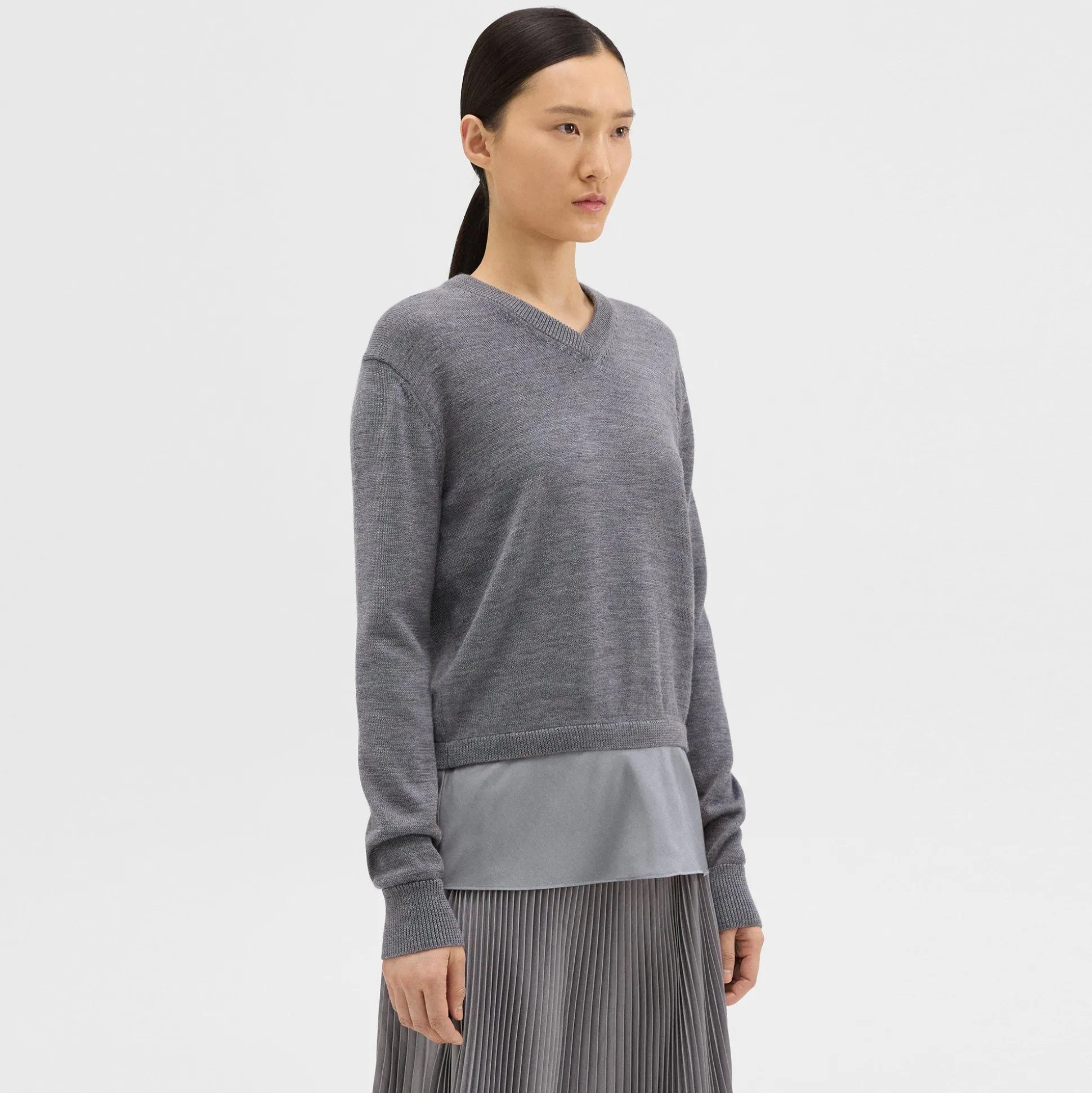 Theory Silk Georgette V-Neck Combo Sweater-Women Sweaters + Cardigans