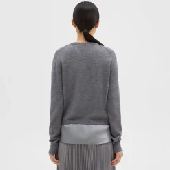 Theory Silk Georgette V-Neck Combo Sweater-Women Sweaters + Cardigans