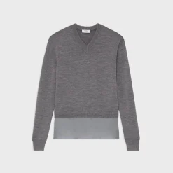 Theory Silk Georgette V-Neck Combo Sweater-Women Sweaters + Cardigans
