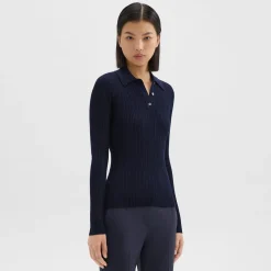 Theory Slim Polo In Wool-Viscose Crepe-Women Sweaters + Cardigans