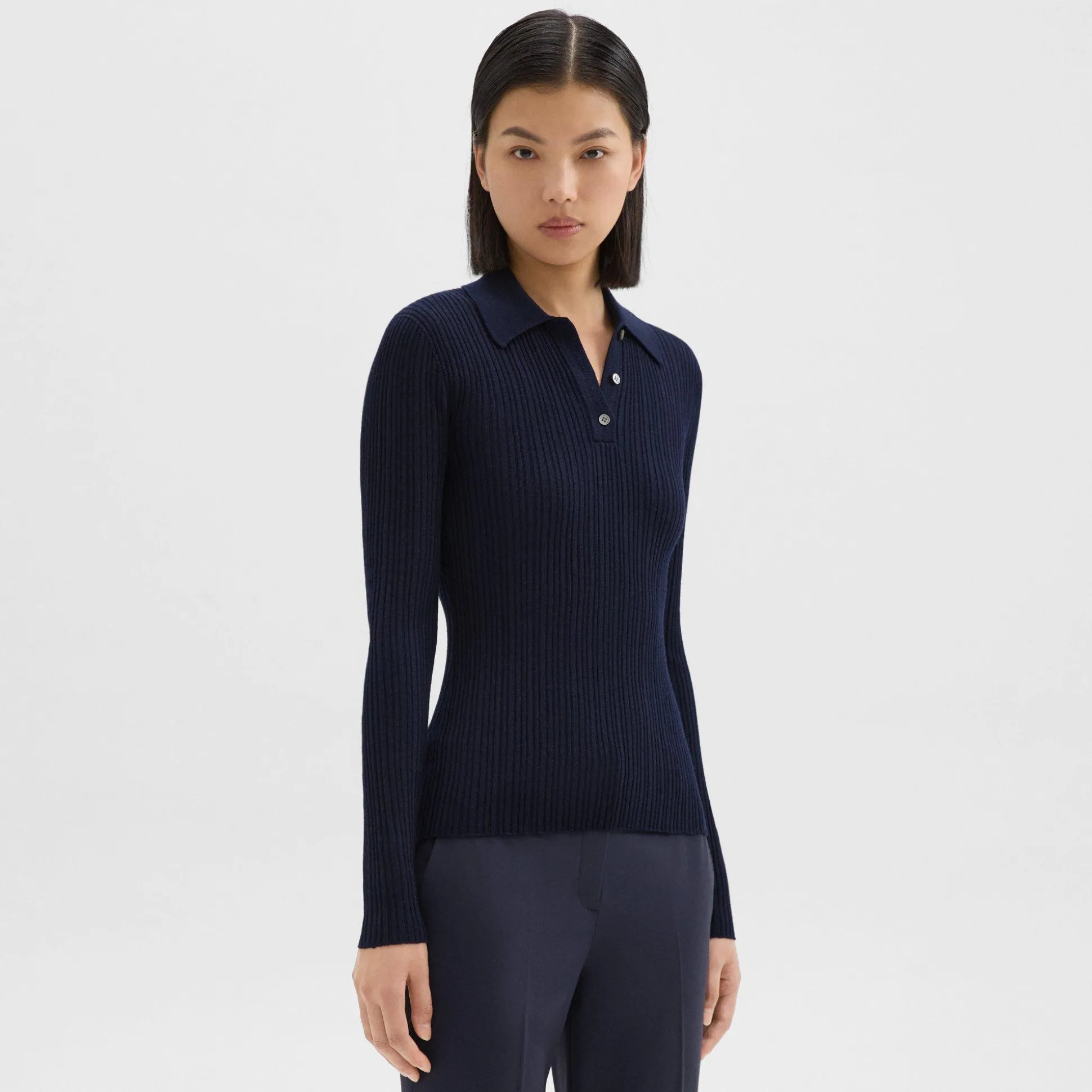 Theory Slim Polo In Wool-Viscose Crepe-Women Sweaters + Cardigans