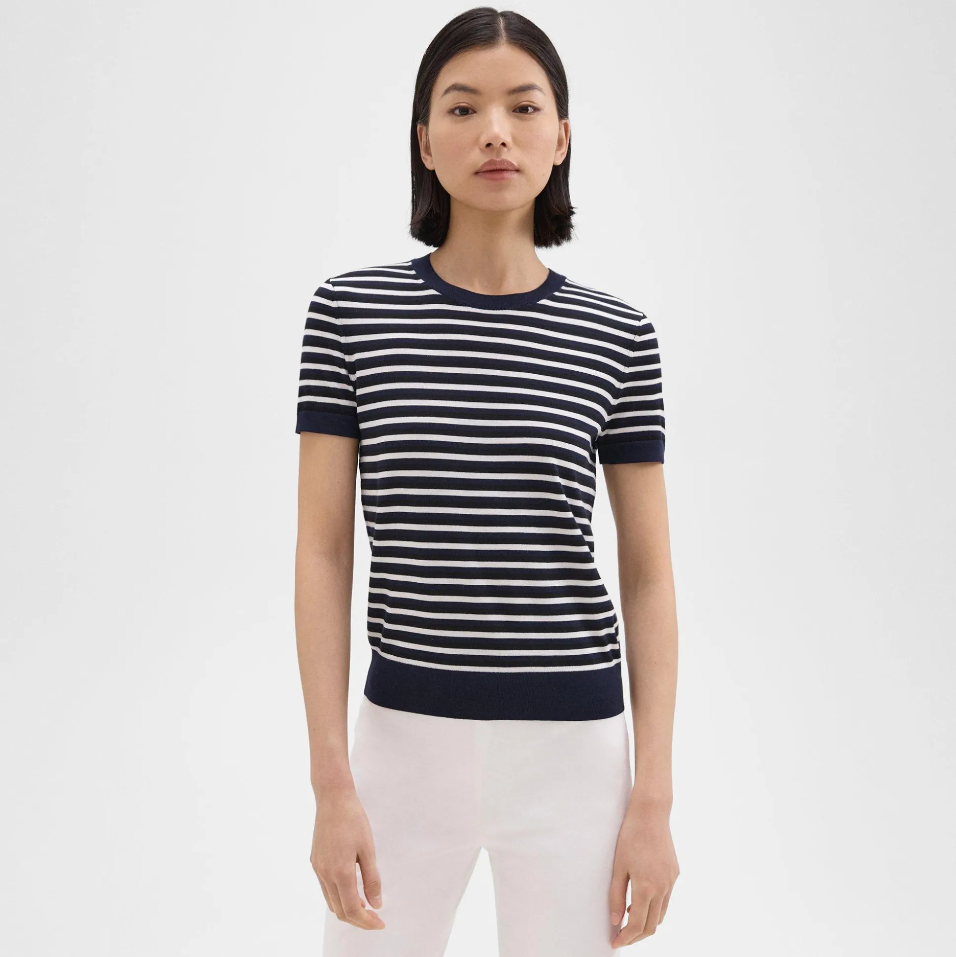 Theory Striped Short-Sleeve Sweater In Regal Wool-Women Sweaters + Cardigans
