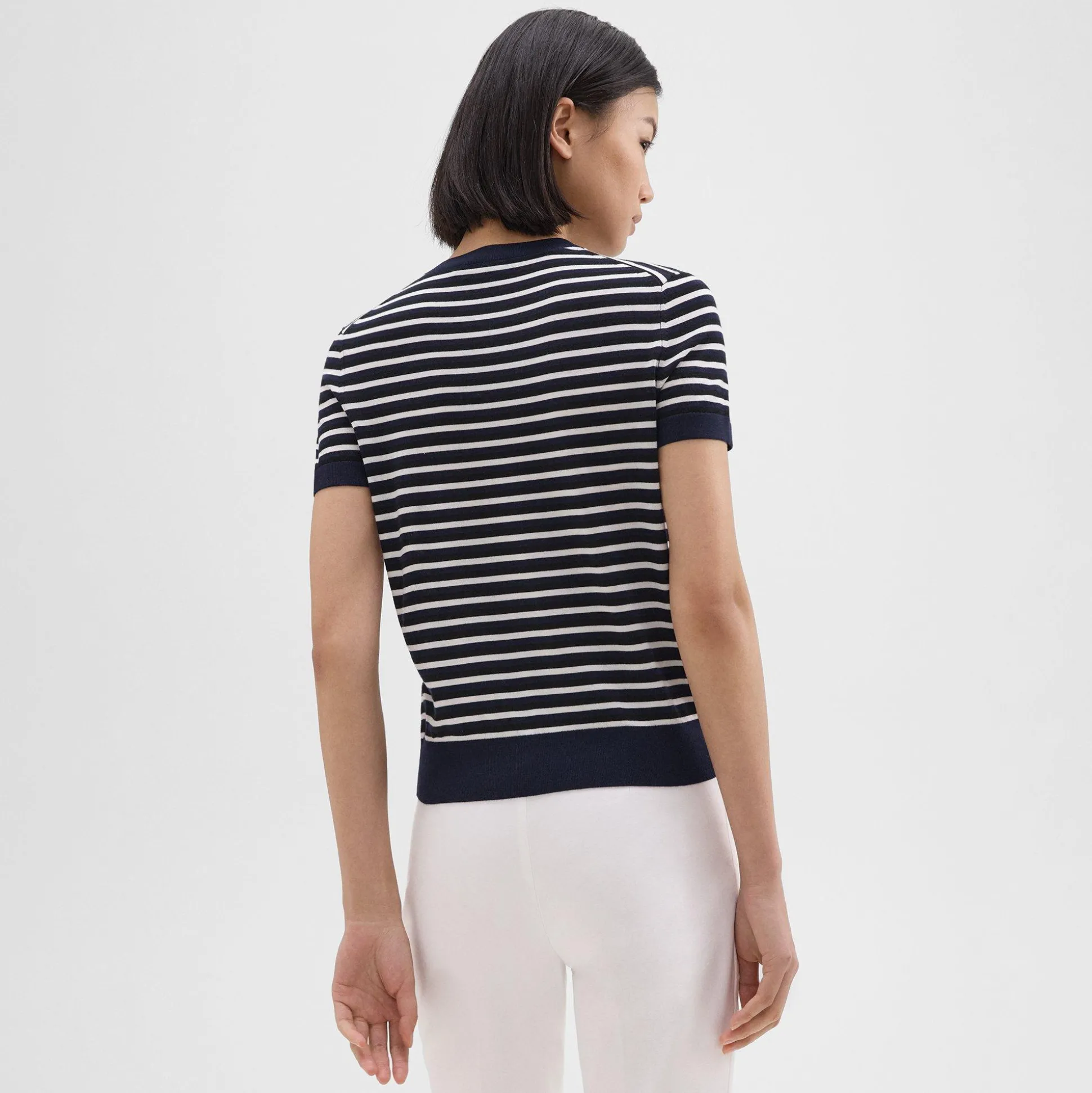 Theory Striped Short-Sleeve Sweater In Regal Wool-Women Sweaters + Cardigans