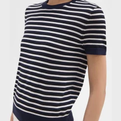 Theory Striped Short-Sleeve Sweater In Regal Wool-Women Sweaters + Cardigans