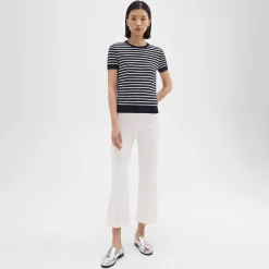 Theory Striped Short-Sleeve Sweater In Regal Wool-Women Sweaters + Cardigans