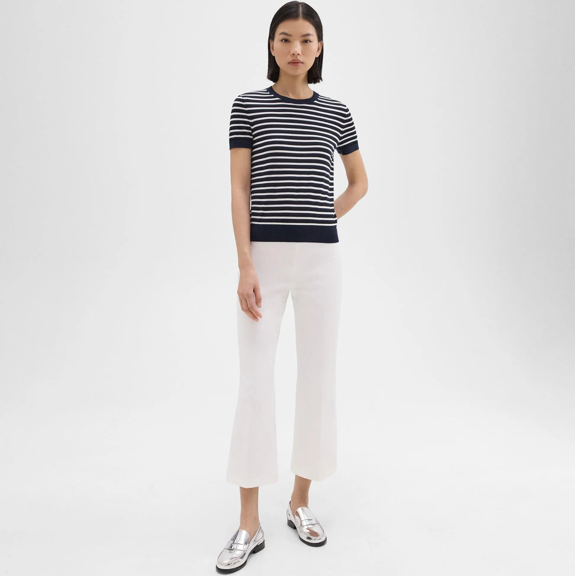 Theory Striped Short-Sleeve Sweater In Regal Wool-Women Sweaters + Cardigans