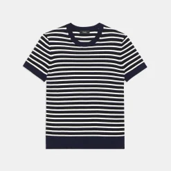 Theory Striped Short-Sleeve Sweater In Regal Wool-Women Sweaters + Cardigans