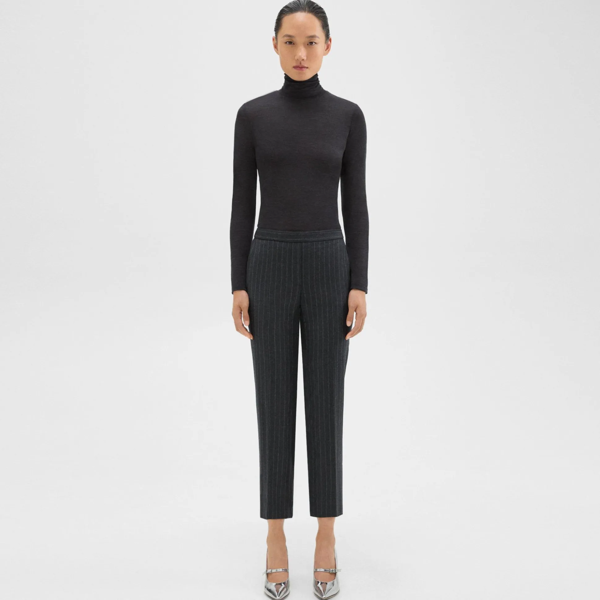 Theory Treeca Pull-On Pant In Pinstripe Wool Flannel-Women Suits|Pants