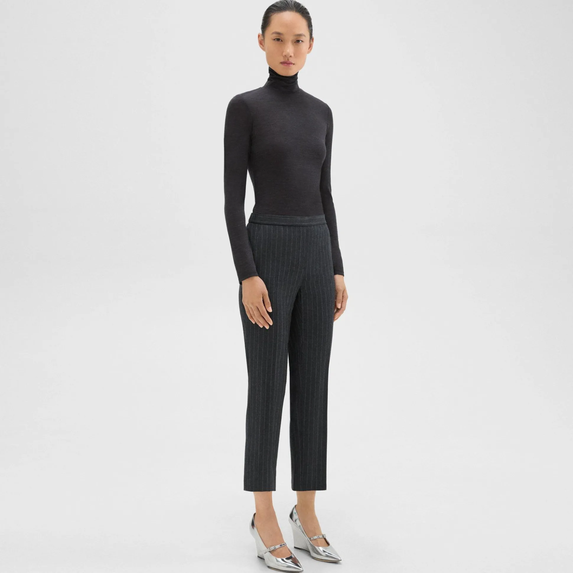 Theory Treeca Pull-On Pant In Pinstripe Wool Flannel-Women Suits|Pants