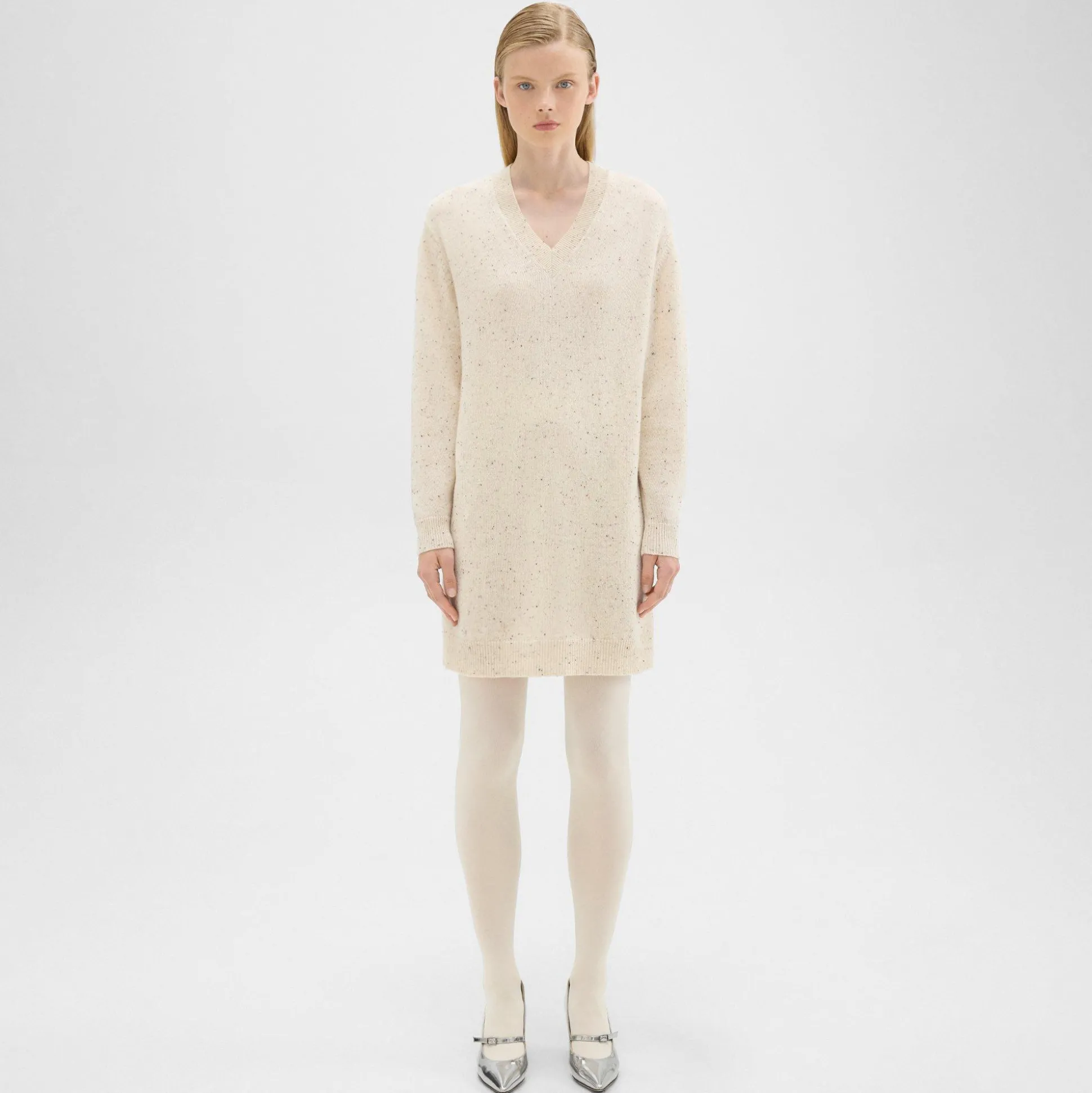 Theory V-Neck Sweater Dress In Donegal Wool-Cashmere-Women Dresses