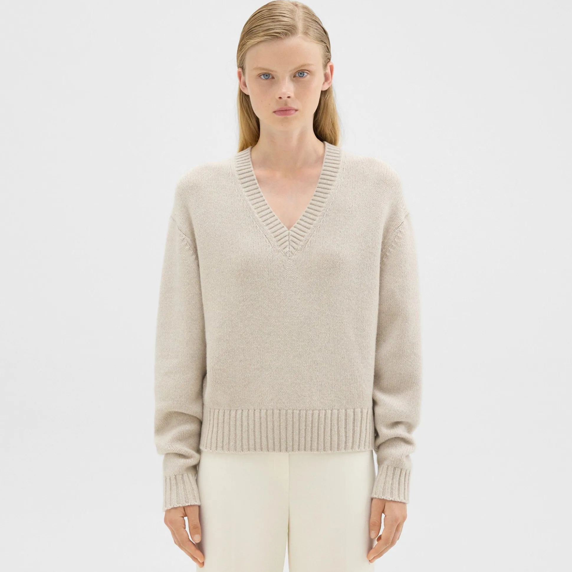 Theory V-Neck Sweater In Recycled Wool-Cashmere-Women Sweaters + Cardigans